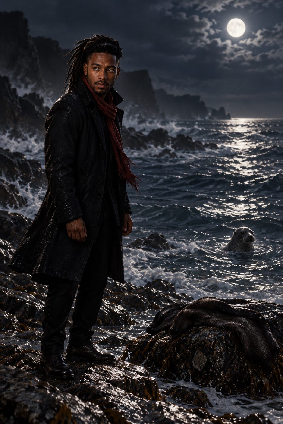 William stands at a cold, moonlit waterline beside a dark pelt-like fold on a rock above the tide. A seal's head breaks the surf behind him. Hard side light catches wet stone and the edge of his face, leaving it unclear who is watching whom.