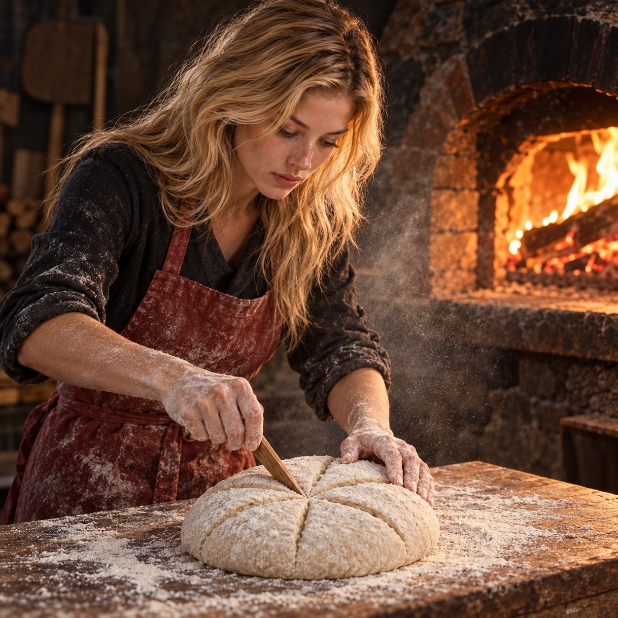 Marlene looks down at her floured hands as she presses radial scoring lines into a round loaf beside a wood-fired oven. A grey haze of flour drifts through the warm side light above the wooden worktable.