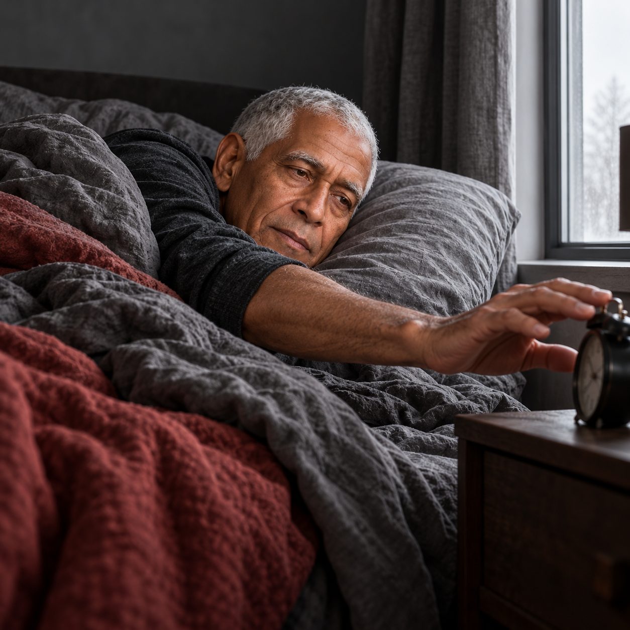 Key lies half out from under thick, rumpled grey blankets, one arm reaching toward pale window light while the rest of the body stays covered. An alarm clock sits beside the bed, and an oxidized-red blanket fold warms the shadows.