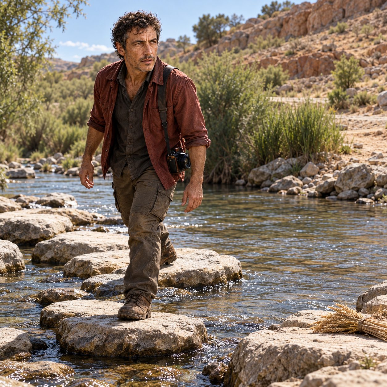 Jack pauses on stepping stones at a quiet Jordan river ford in low water, lips parted as if about to speak. A sheaf of grain rests on a nearby flat rock; hard early-afternoon side light catches grey stone, shallow water and his muted field clothes.