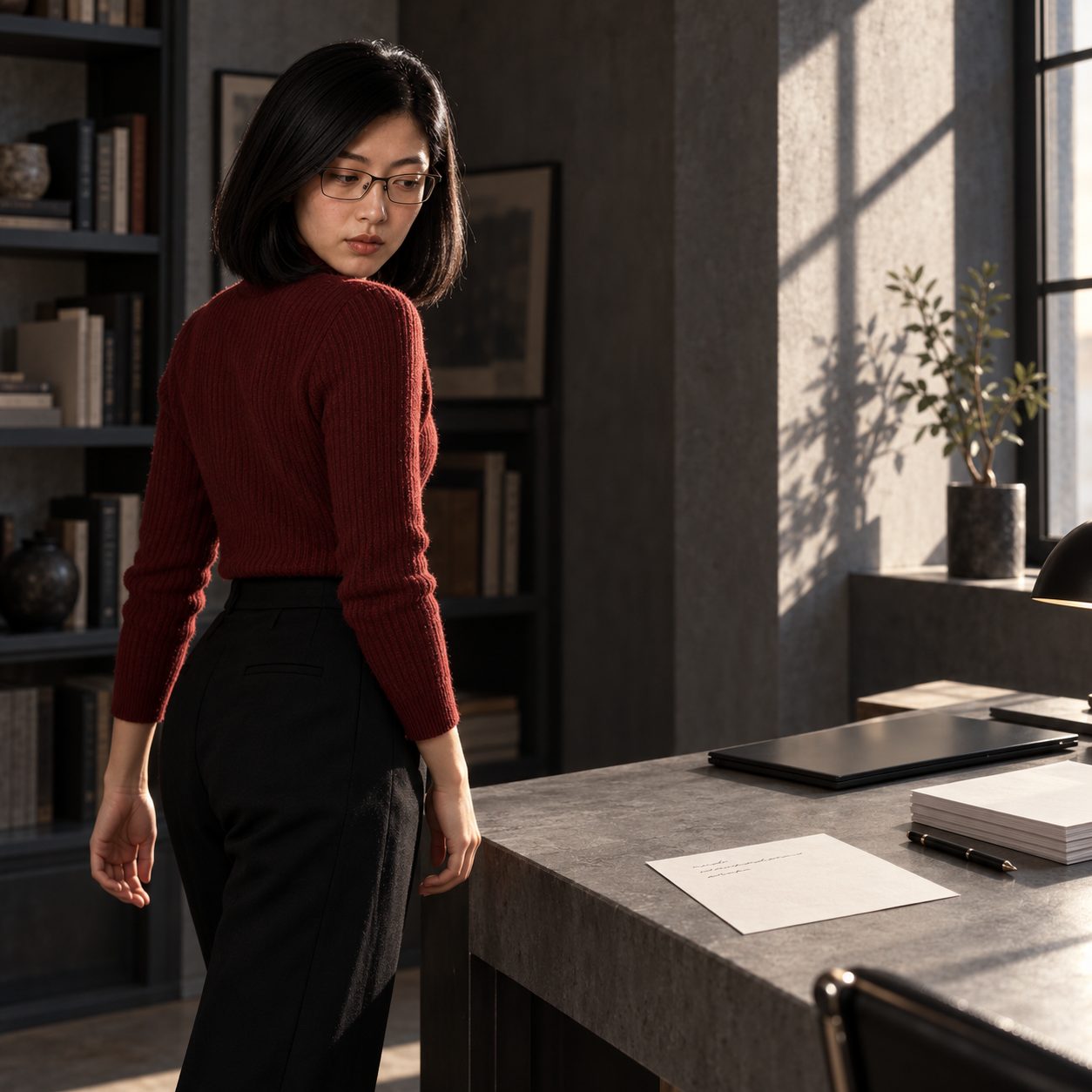 Lacuna turns away from a tidy concrete-grey desk but glances back over one shoulder at a half-finished note. Hard afternoon side light falls across the paper, a closed black laptop, and Lacuna's oxidized-red top.