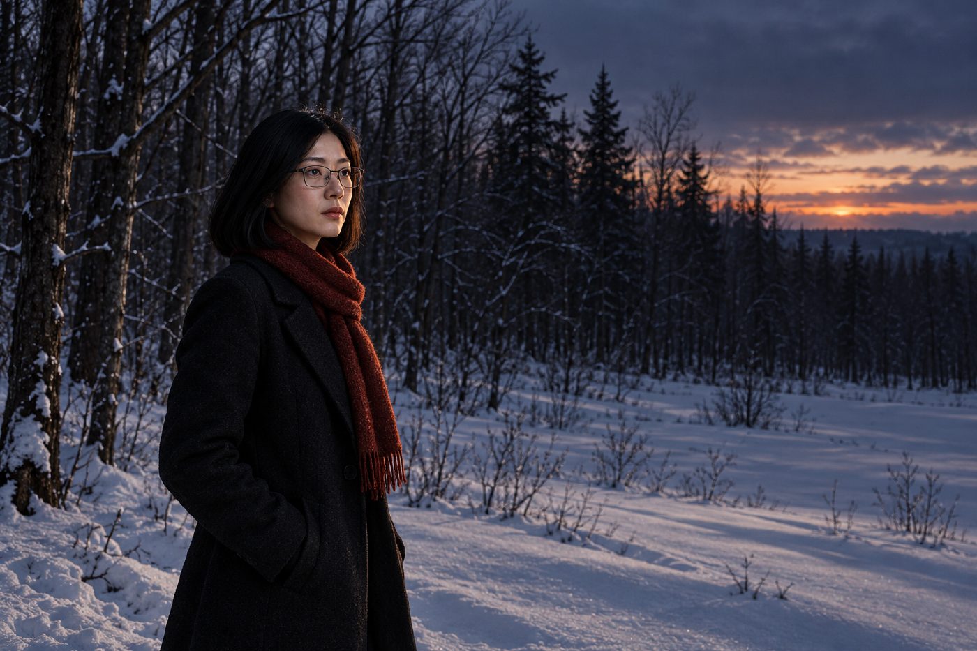 Lacuna stands alone in a black coat and muted red scarf at the edge of a dark snowy forest at dusk. Long blue shadows cross the snow beneath bare trees thinning into silhouette; no creature is visible.
