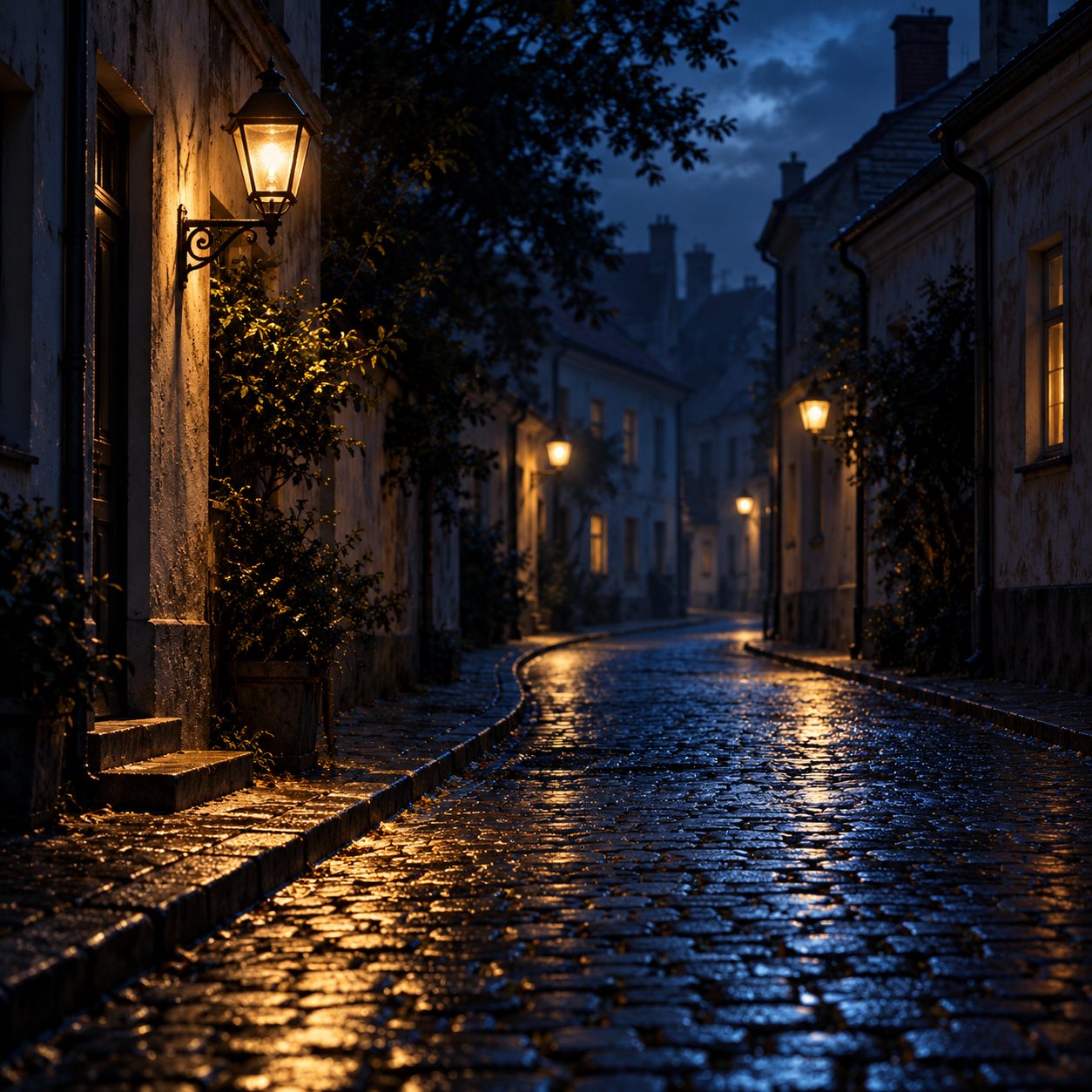 An imagined, empty cobbled lane at night, with small pools of lamplight, midnight-blue shadows and silver highlights. Atmospheric accompaniment to Key’s reflection, not a verified view of Minsk’s Trinity Suburb; no people are depicted.