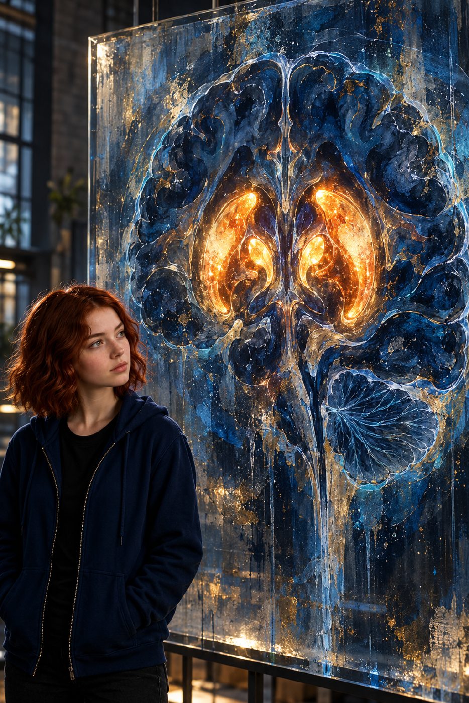 Iris observes a large stylized brain cross-section with warm amber light in paired deep central regions and dim blue surrounding tissue. Silver and cyan accents frame the abstract artwork; it is an artistic interpretation, not real PET scan data.
