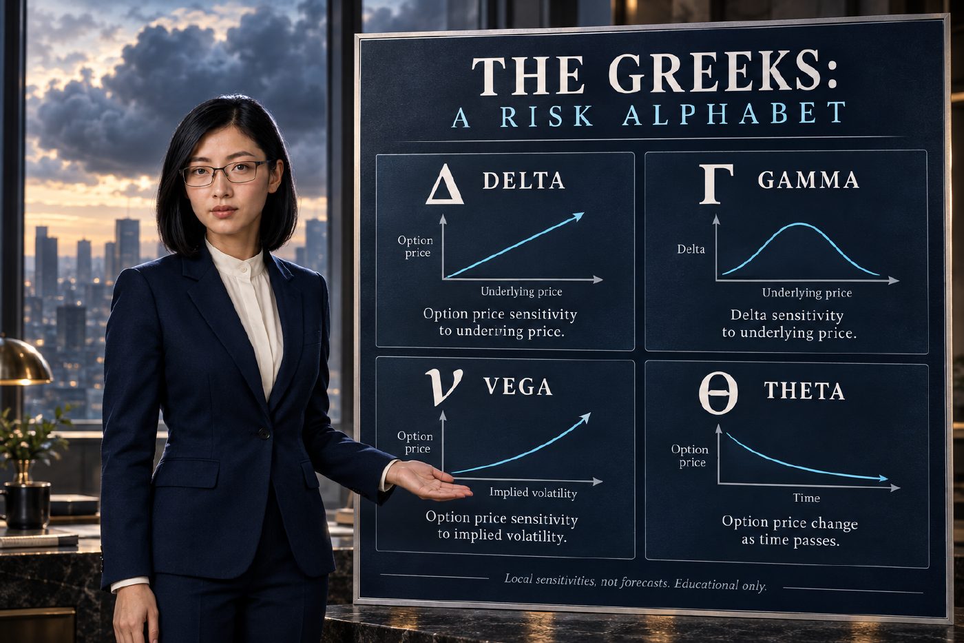 Lacuna presents a front-facing midnight-blue explanatory poster linking delta, gamma, vega and theta to simple curves or arrows labeled for underlying-price sensitivity, delta's change, implied volatility and passing time, with soft morning light and a distant storm-cloud motif.