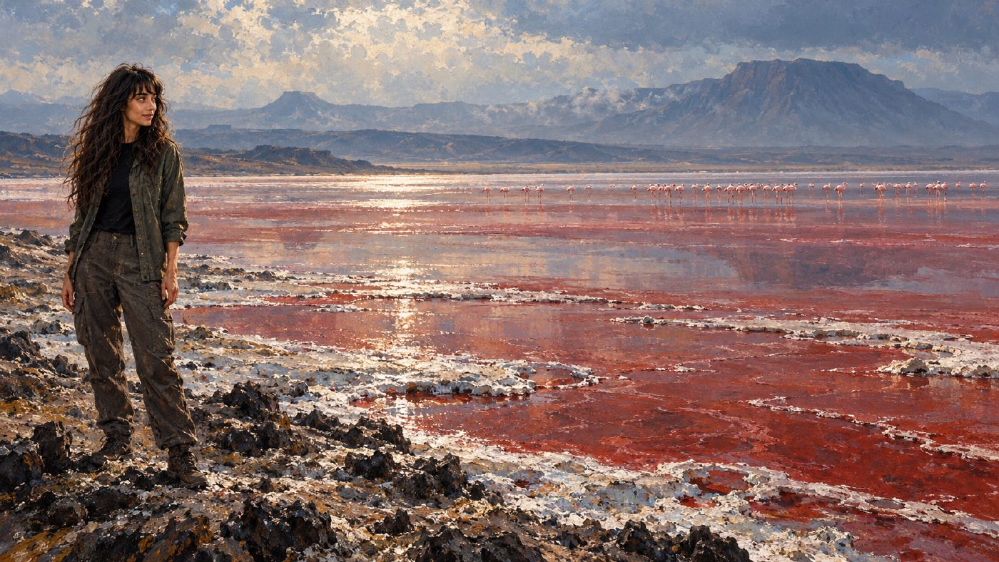 Painterly interpretation of Lake Natron: Skinjo stands on dry foreground shore overlooking red-tinged shallow water and silver salt crust. Tiny flamingos cross the distance beneath hazy afternoon light, with dim-cyan hills and deep blue shadows.