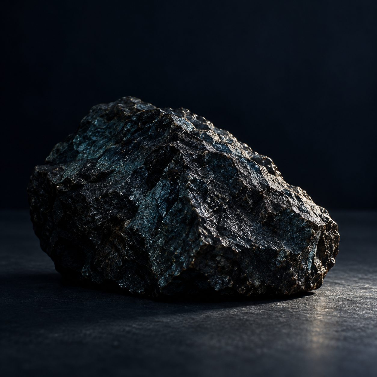 A dark, heavy-looking rock rests on a plain surface in raking silver light, with midnight-blue shadows and faint cyan tones. This still life accompanies Horn's reflection on an unreadable reference; the rock is not identified as a geological specimen.