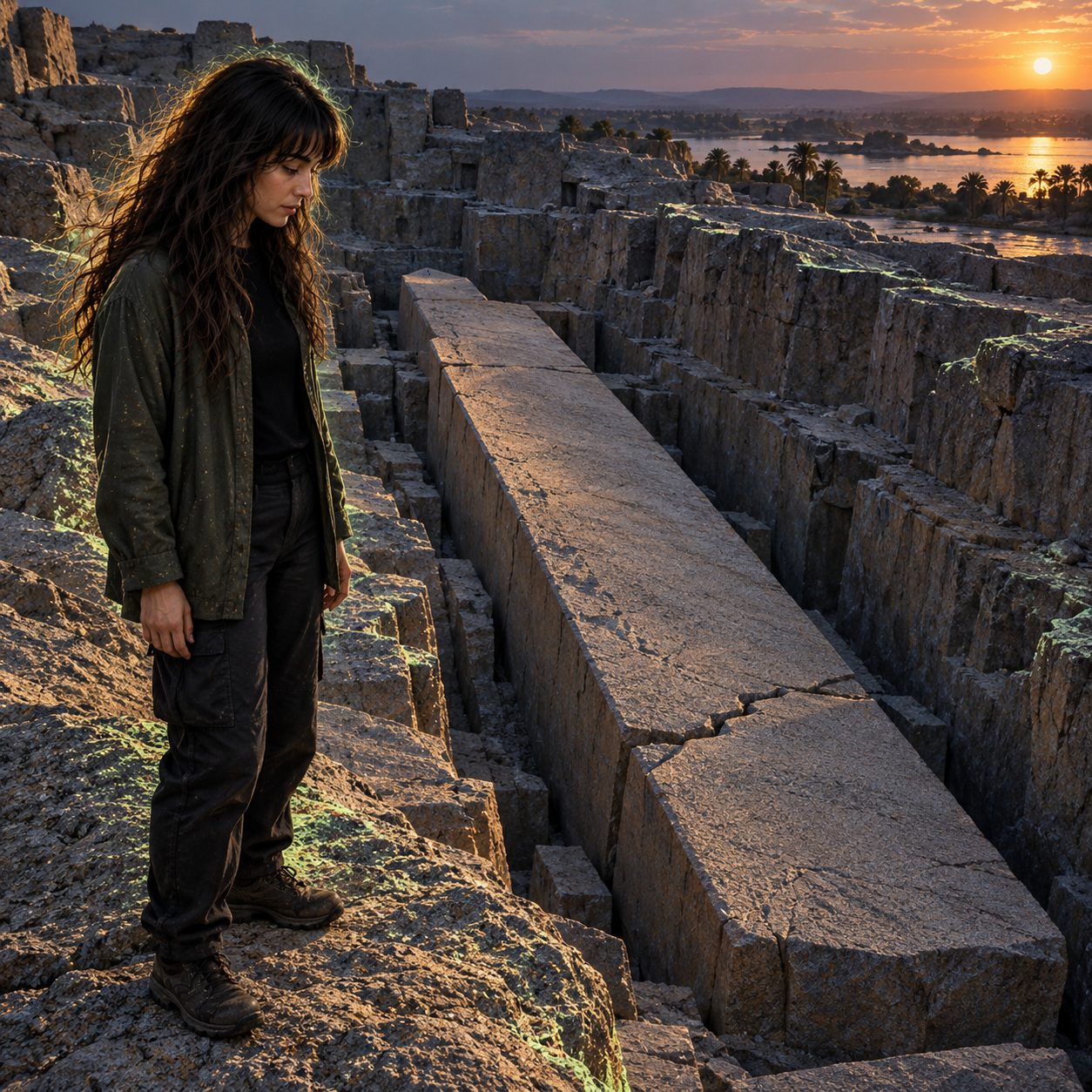 Skinjo stands alone at the edge of Aswan's quarry at dusk, looking down at the Unfinished Obelisk still joined to its granite bed. Worked trenches and a fracture catch cyan and acid-green edge light amid dark, painterly stone textures.