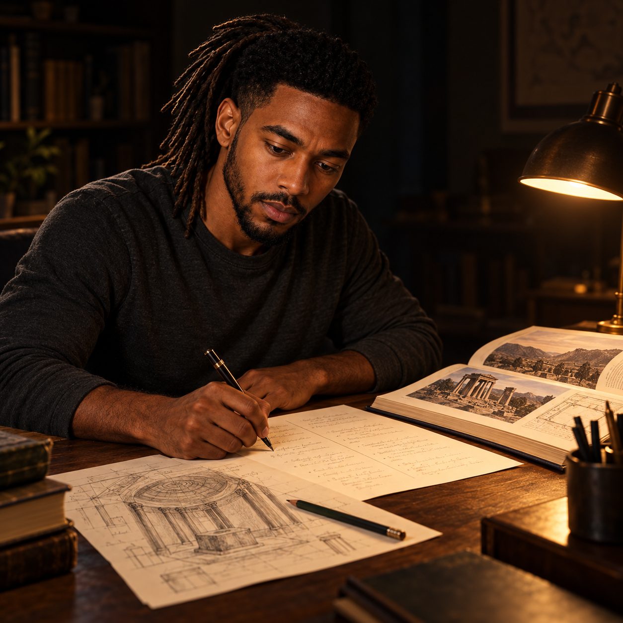 William sits alone at a desk under one warm lamp at night, writing comparative notes beside an open book, a tentative sketch of Delphi's inner chamber and a pencil he has set down.