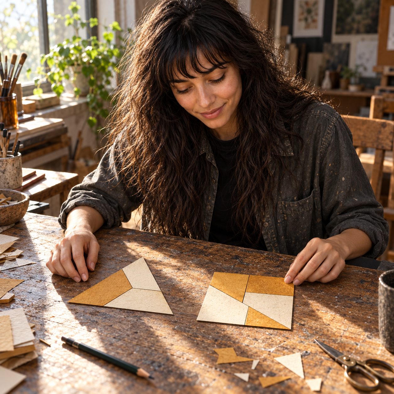 Skinjo works in morning light at a tabletop, fingertips beside card pieces arranged into a square. A matching four-piece set forms an equilateral triangle alongside it; pencil, scissors and offcuts sit nearby.