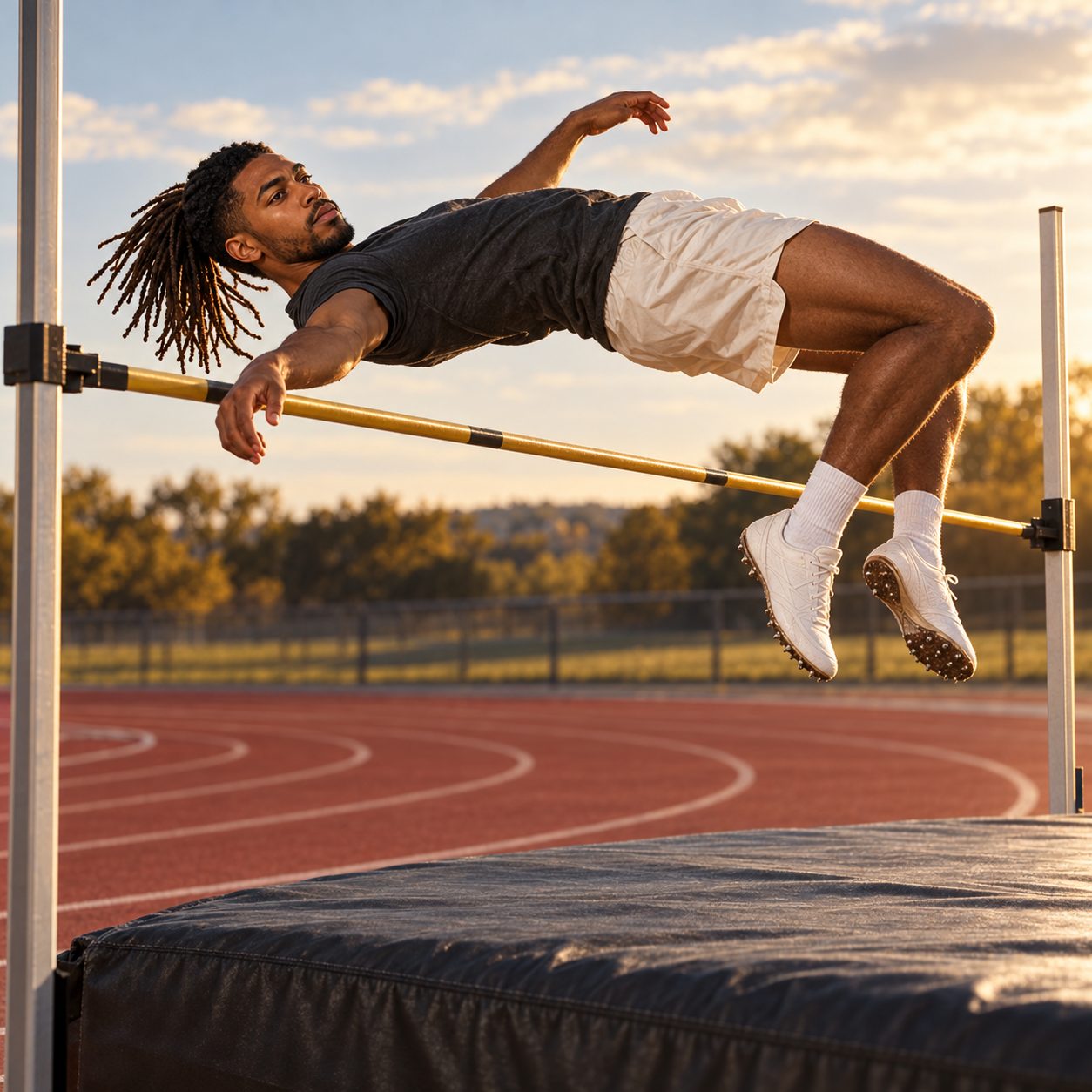 William arches backward at the apex of a Fosbury flop above a high jump bar, with a thick landing mat below and an empty athletics track behind him in warm afternoon light.