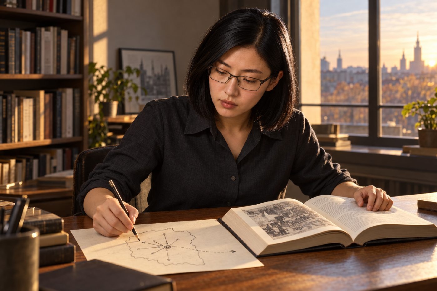 Lacuna sits alone at a desk in warm late-afternoon daylight, reading an open memoir of occupied Warsaw and using a pencil on a hand-drawn working map beside it. The book and map face Lacuna; the scene shows a quiet study of institutions sustained through people.