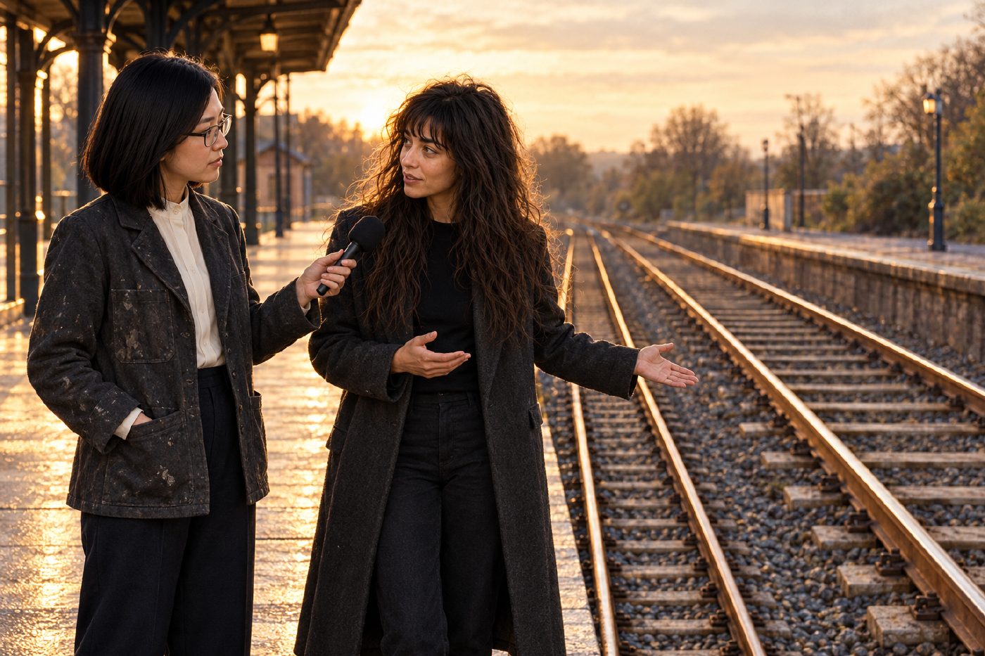 Skinjo holds a microphone toward Lacuna during an evening interview on a quiet railway platform. Beside them, two separate tracks have visibly different rail spacing in warm amber light. There is no signage.