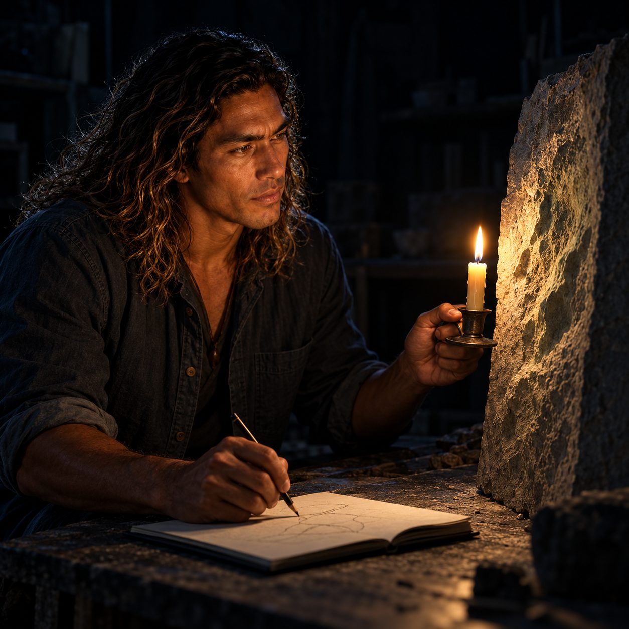 Horn alone in a dark workroom holds a small candle beside an upright textured slab while making sparse pencil marks in a sketchbook. Grazing light reveals ridges and hollows; cool cyan shadows and greenish highlights fade into near-black.