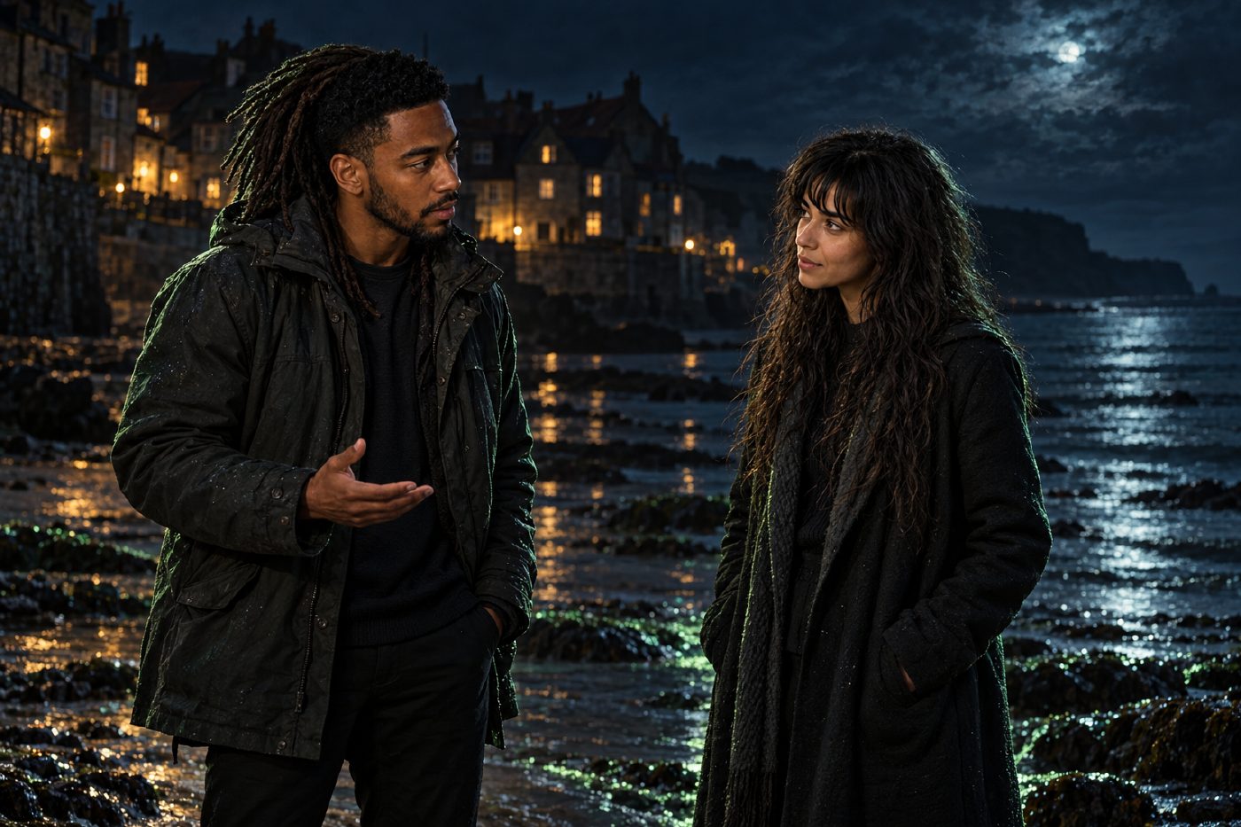 William interviews Skinjo at a quiet tide line beside a dark coastal village late at night. They face each other in dark coats, with cool cyan reflections and restrained acid-green edge light; no tunnel is shown.