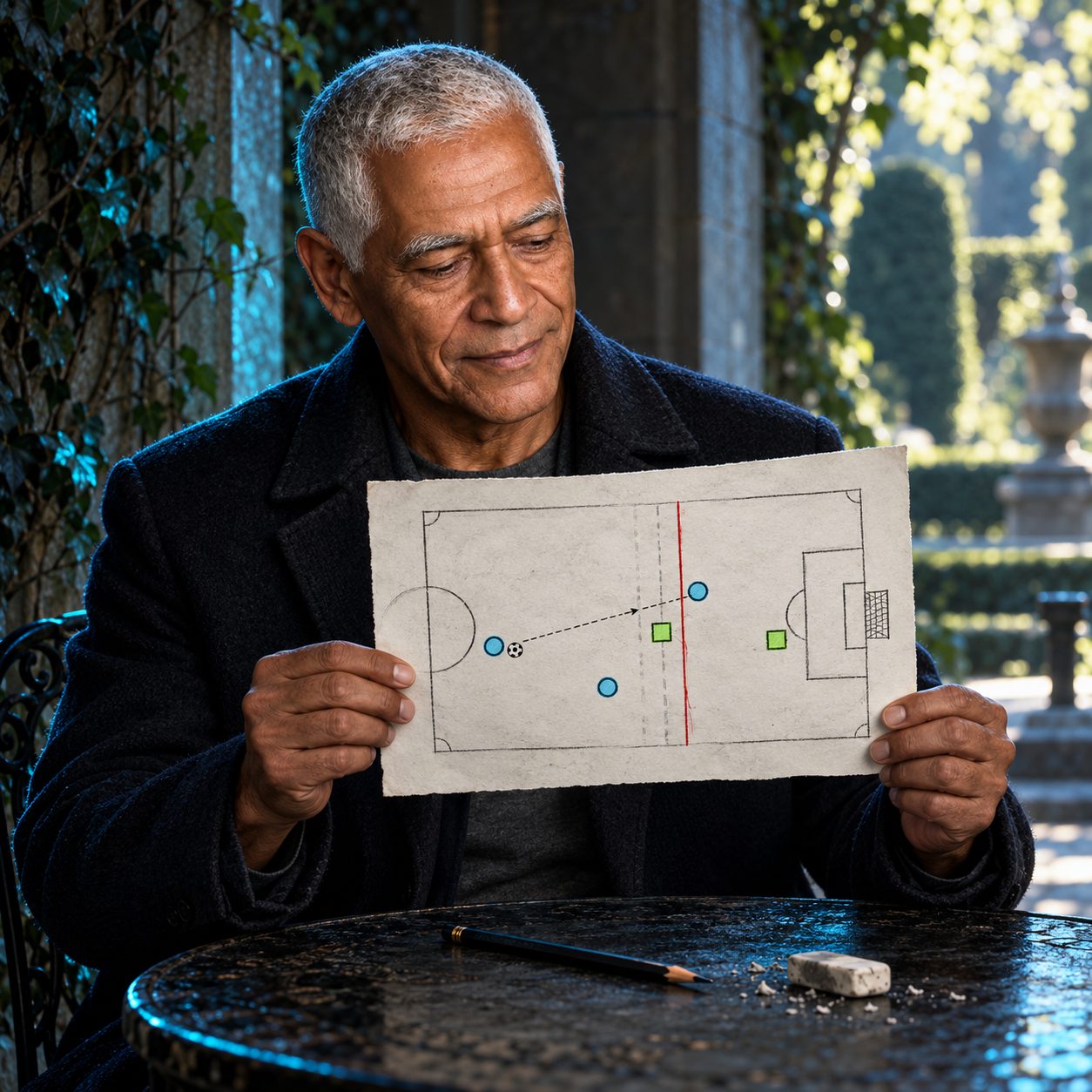 Key holds up a hand-drawn football offside diagram in a shaded garden alcove. Cyan attackers, green defenders, a ball and a firm line with faint erased alternatives show the verdict; a pencil and eraser rest on the table.