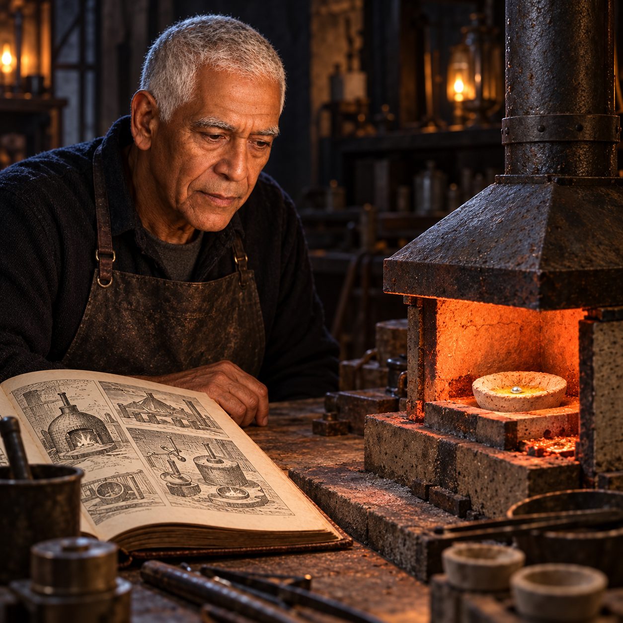 Key studies an engraving of sixteenth-century cupellation furnaces at a late-night workbench. In the foreground, a glowing bone-ash cupel inside a vented furnace holds one bright silver bead as lead oxidises away, lit against grey, black and oxidized-red textures.