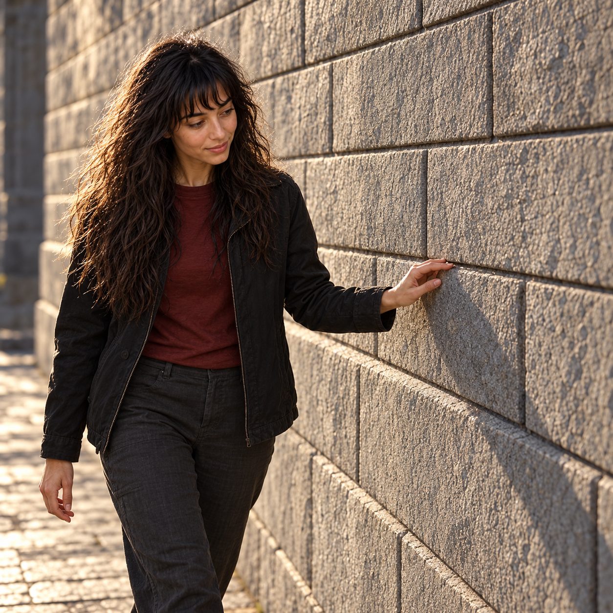 Skinjo walks beside a grey ashlar wall in low morning side light, fingertips tracing a narrow joint while studying the courses. Finely dressed rectangular blocks form tightly fitted parallel rows, their seams catching thin shadows.