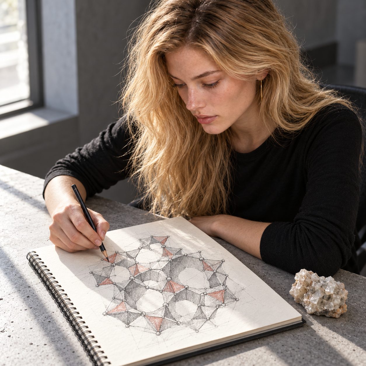 Marlene sketches a zeolite framework beside a small pale mineral specimen in hard morning side light. Corner-linked tetrahedra form an open cage on the paper, with lightly shaded channels visible from an oblique angle.