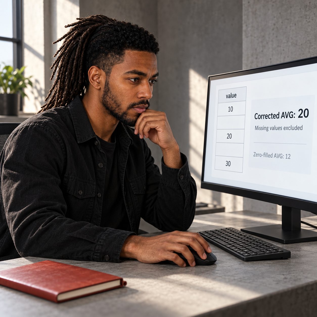 William sits at a computer in hard morning side light, studying a five-row table containing 10, a blank cell, 20, another blank cell, and 30, beside a corrected average of 20. Concrete grey, black, and oxidized red frame the quiet workspace.