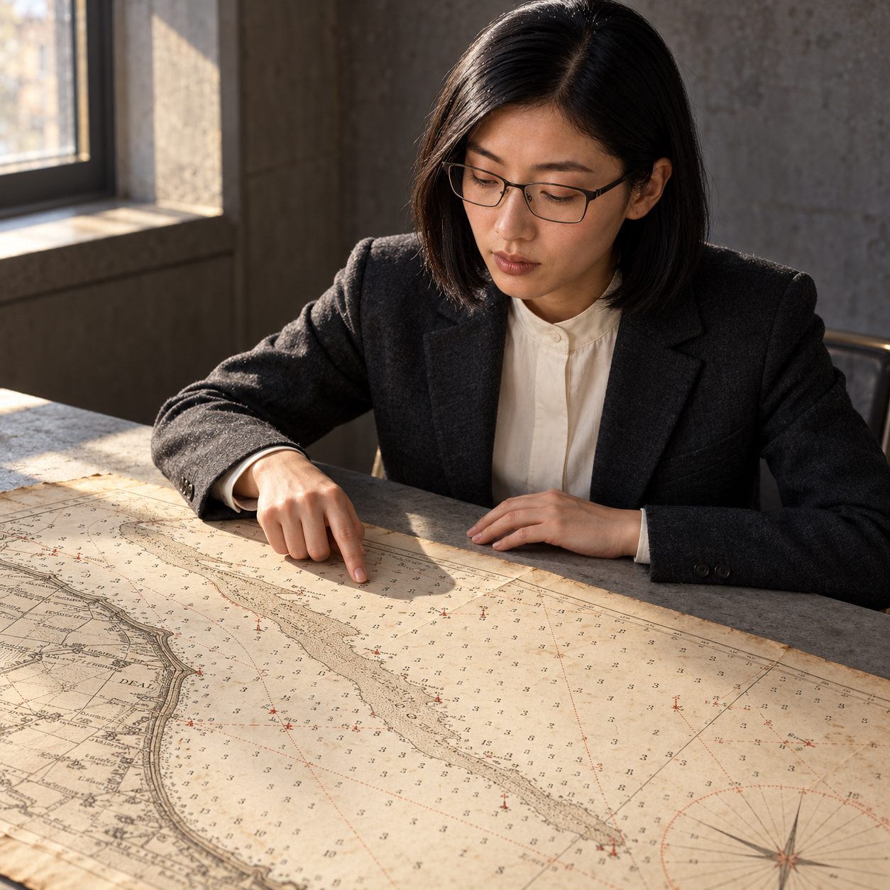 Lacuna studies an old printed chart in hard afternoon side light, tracing the long outline of the Goodwin Sands beside depth soundings and the Kent coast.