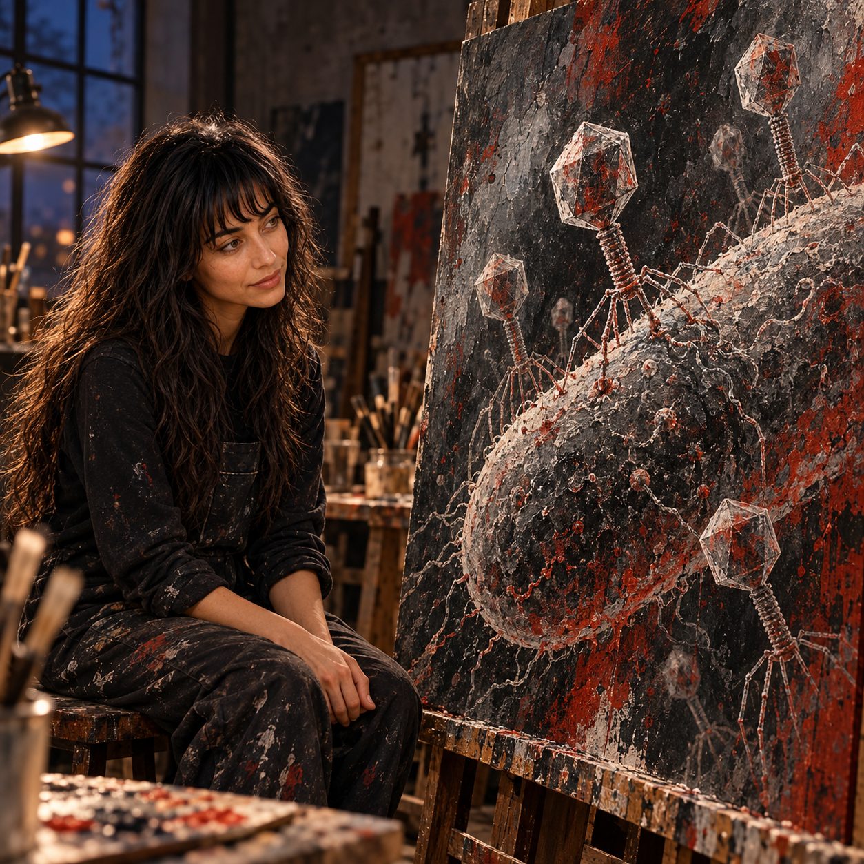 Skinjo sits in an evening studio, contemplating a large stylised painting of faceted bacteriophages clustered on a rod-shaped bacterial cell. Hard side light reveals textured paint in concrete grey, black and oxidized red.