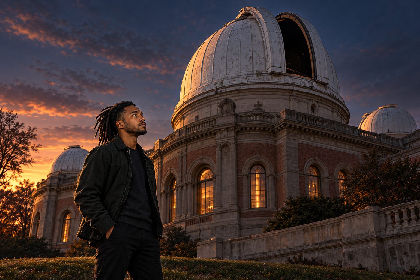 William stands outside Yerkes Observatory at dusk, looking up toward the open slit of its great white dome. Smaller white domes rise behind the masonry building; hard evening sidelight catches his profile and the weathered surfaces.