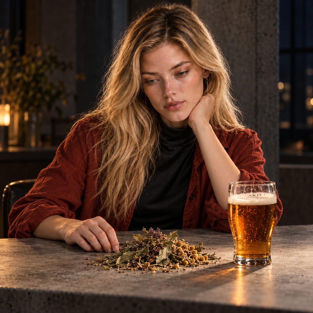 Marlene sits alone at a concrete-grey table in hard evening side light, looking toward a small bundle of dried brewing herbs beside a clear glass of amber beer. She wears black and oxidized red; crisp shadows emphasize the leaves and glass.