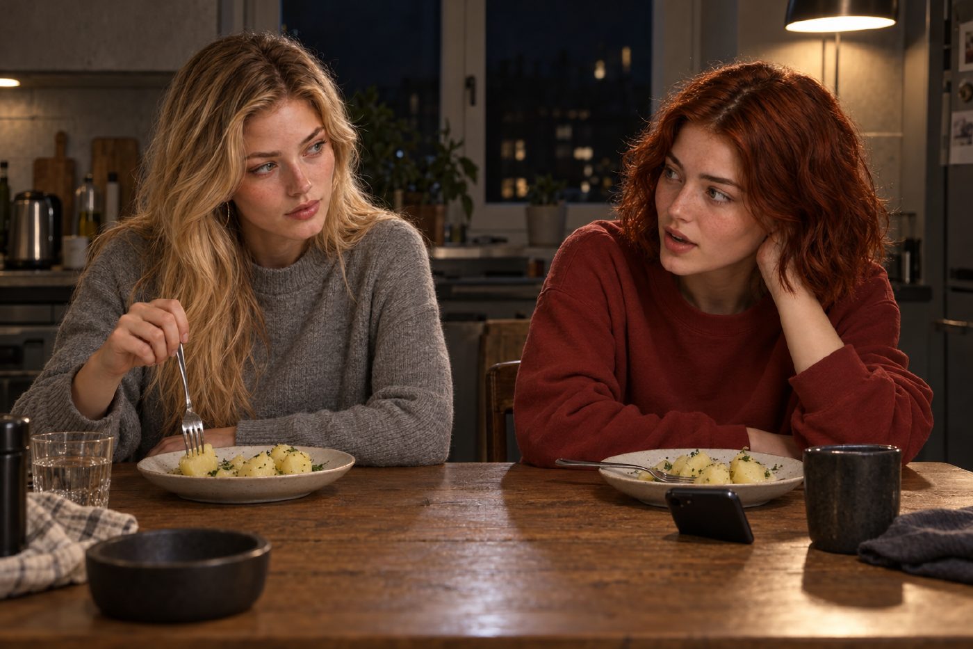Marlene turns a fork above a plate of potatoes while Iris listens across a late-night kitchen table. A phone rests beside Iris; hard side light catches the grey table and her oxidized-red sweatshirt.