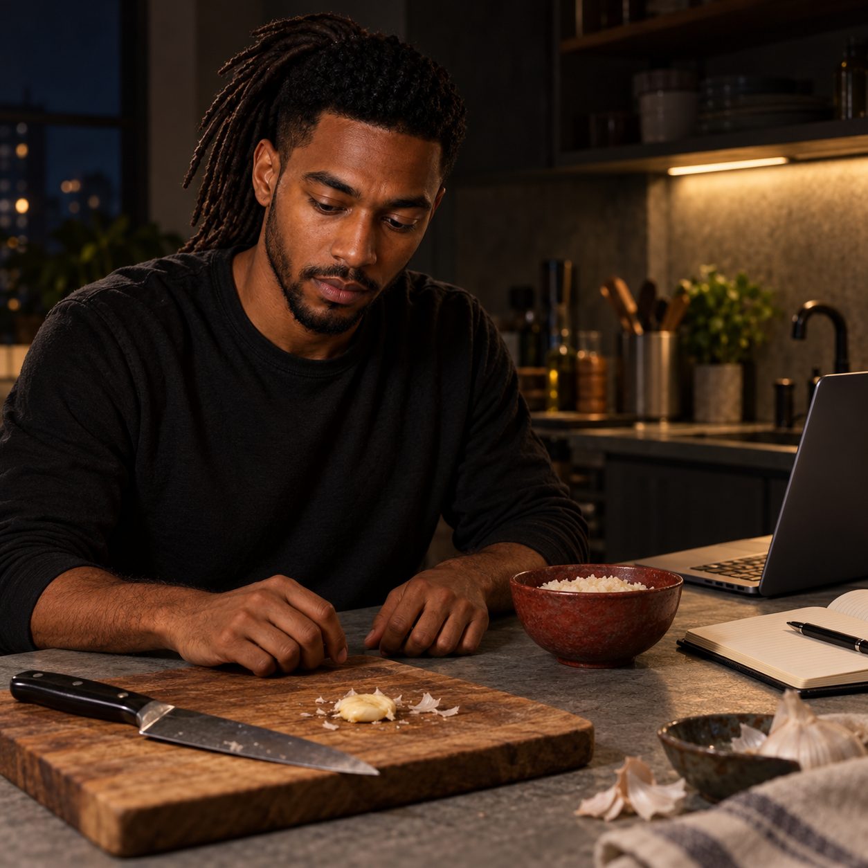 William pauses over a freshly crushed garlic clove at a late-night kitchen counter, with a knife resting beside the clove, a small bowl of rice, an open notebook and a laptop in hard side light.