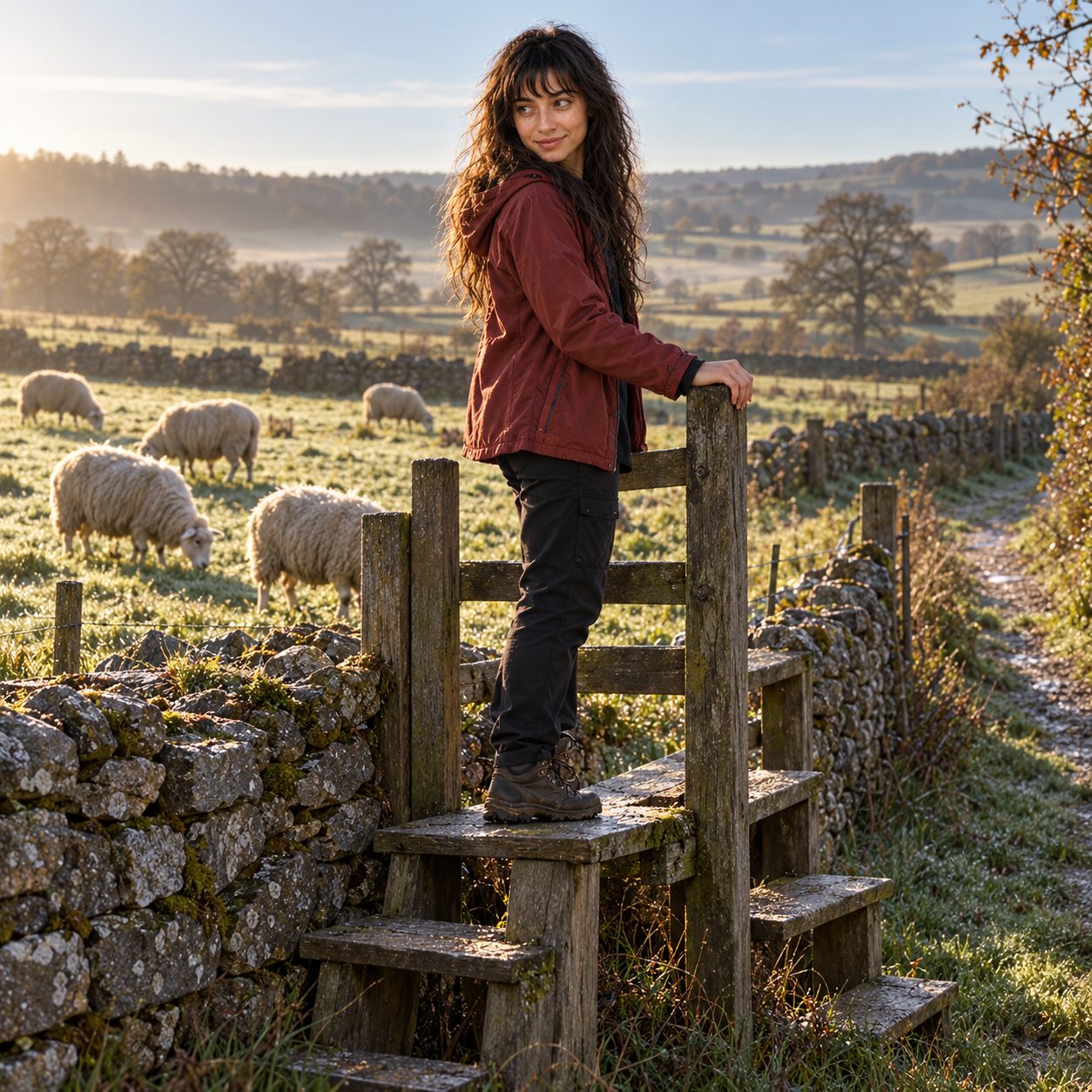 Skinjo pauses atop a wooden stile crossing a grey stone wall, looking back at sheep grazing in the enclosed field. Low morning side light catches the worn steps and oxidized-red jacket; the footpath continues into the next field.