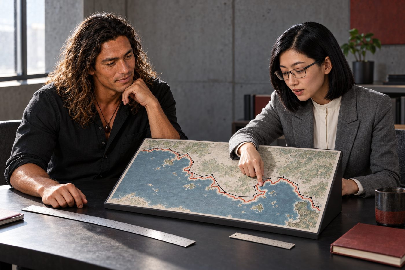 Horn interviews Lacuna in hard morning side light beside a printed coastline map deliberately facing the audience. Lacuna points to a small bay; coarse black and finer oxidized-red routes trace the shore, with a long ruler and a short ruler on the table.