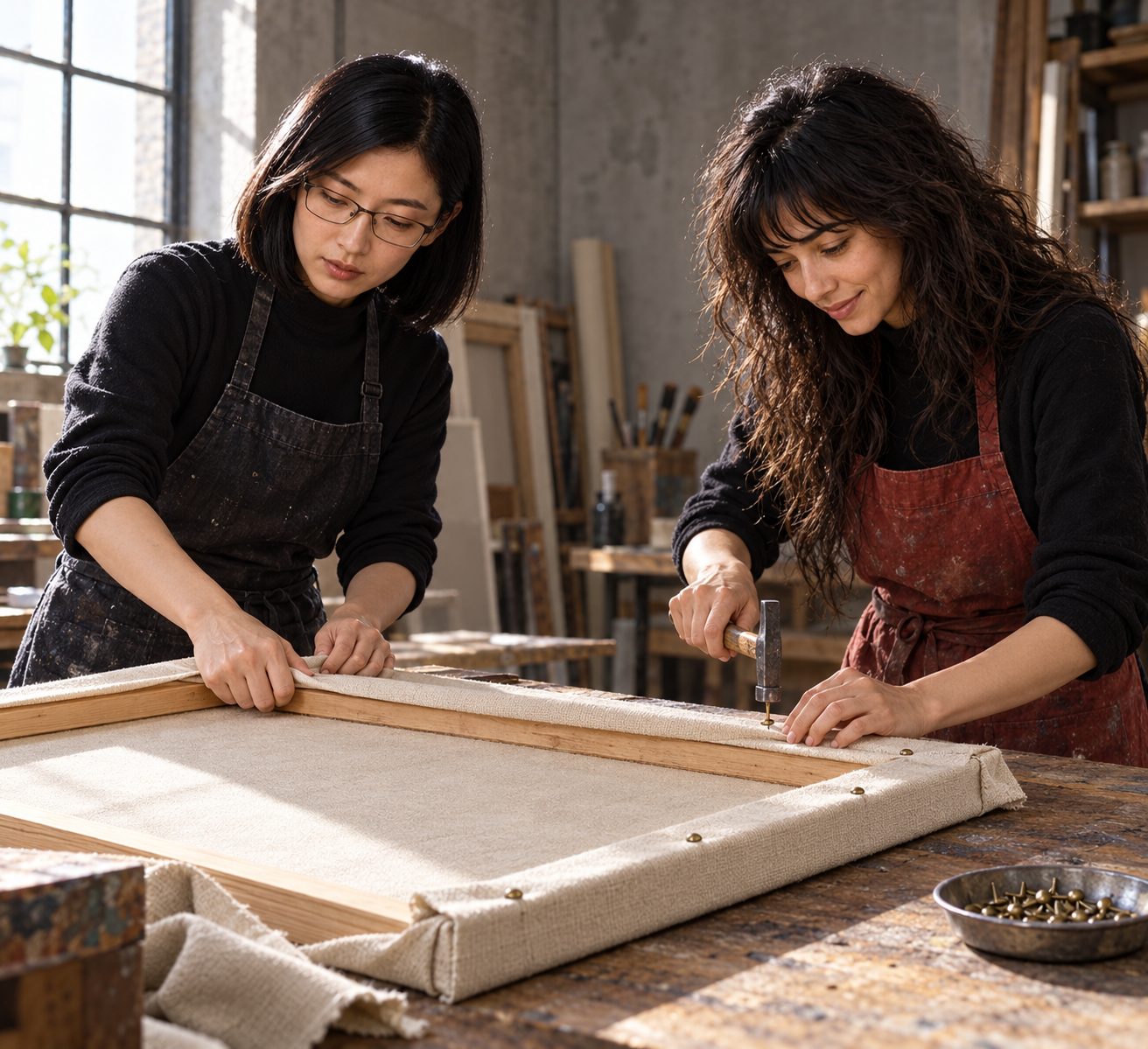 Lacuna pulls raw canvas taut over a wooden frame while Skinjo secures a folded edge with a tack hammer in a small, side-lit studio. The canvas lies face down against the work table, with the frame and folded edges above it.
