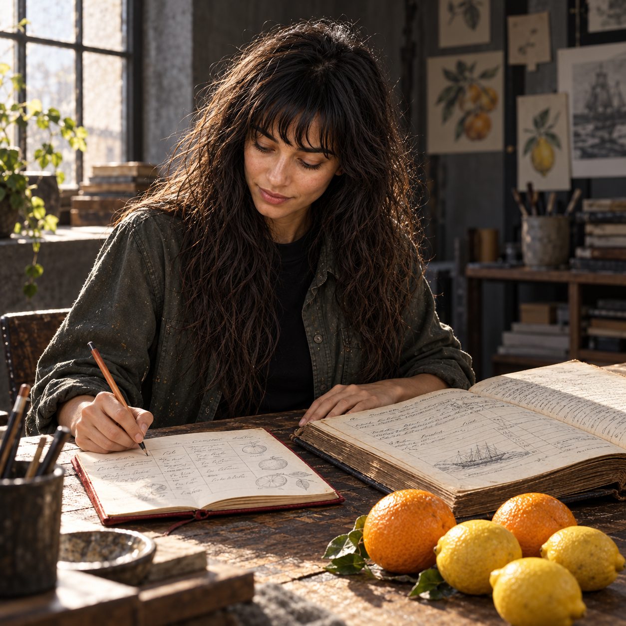 Skinjo works alone at a desk in hard afternoon side light, writing comparison notes beside an open naval logbook facsimile and a handful of lemons and oranges. Concrete grey, black and oxidized red frame the quiet study.