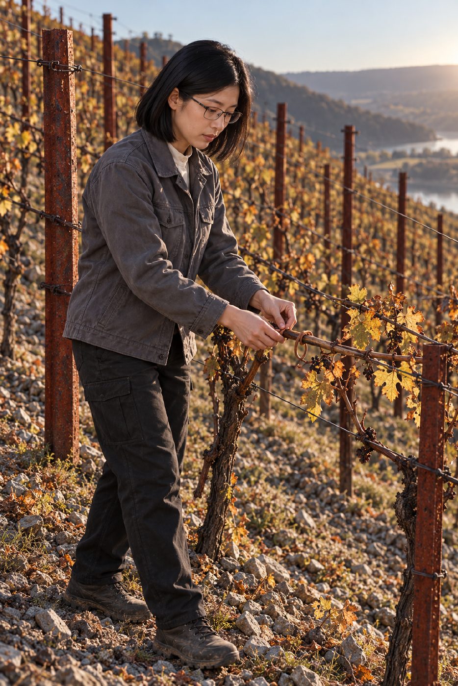 Lacuna, alone in a vineyard in hard late-afternoon side light, secures a fruiting cane to a trellis wire. Grey work clothes, rust-red posts and dark wires frame parallel rows climbing the stony slope.