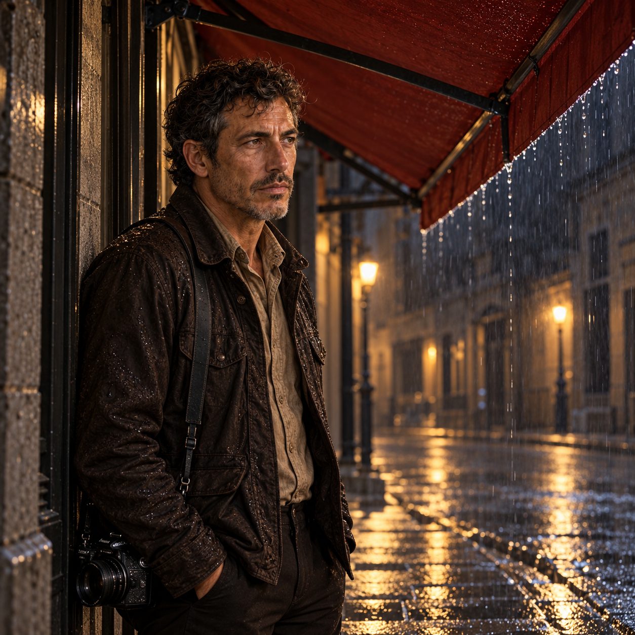 Jack stands alone beneath an oxidized-red shop awning at evening, watching a rain-wet street with his camera resting at his hip. Hard side light catches the canvas texture and drops falling beyond the shelter.