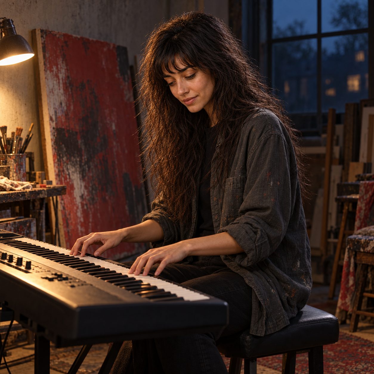 Skinjo sits alone at a black keyboard in an evening studio, left hand in the lower register and right hand poised over higher keys. Hard side light reveals grey walls, a charcoal shirt and an oxidized-red canvas.