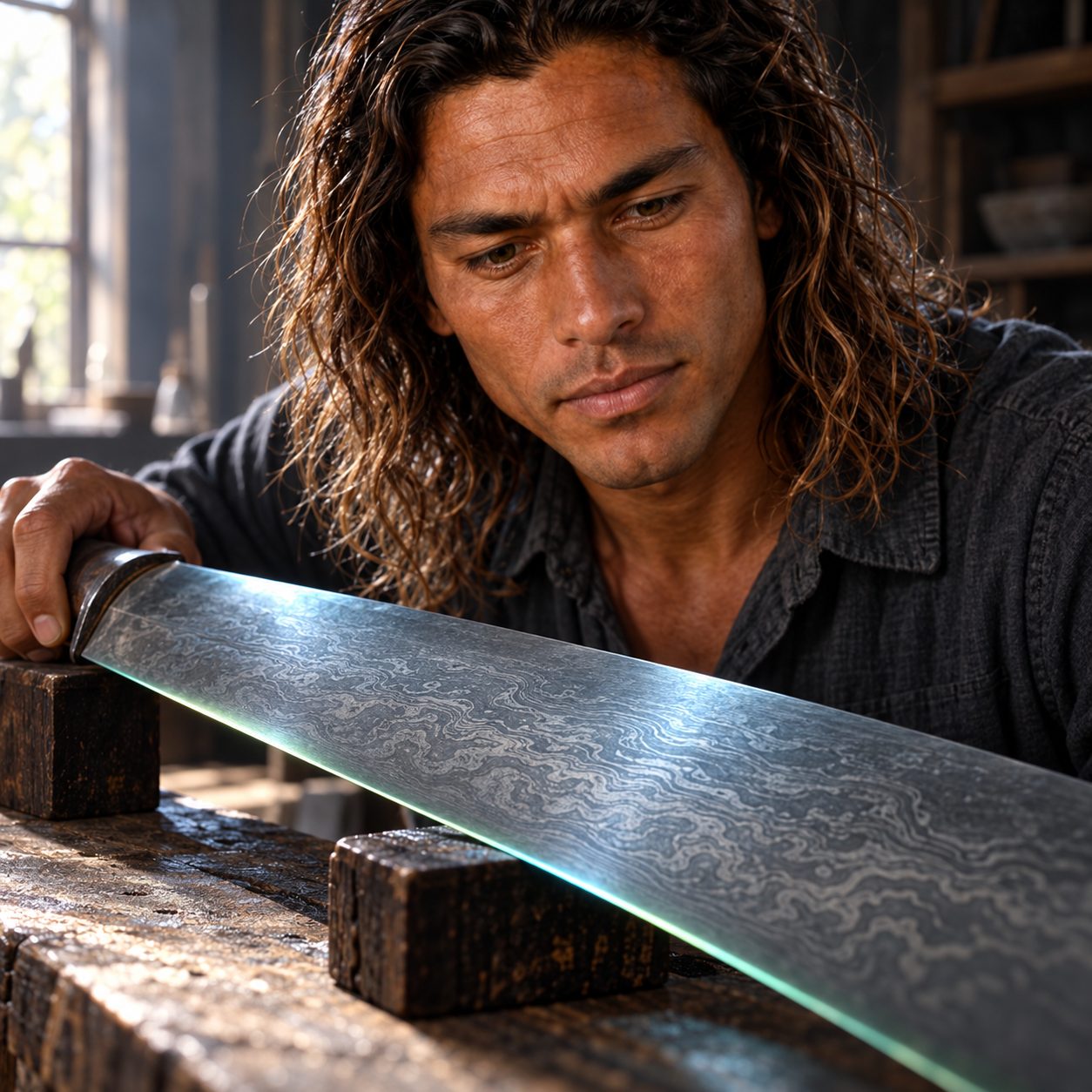 Horn leans over a supported wootz blade, inspecting its fine watered bands under low, raking cyan light, with a subtle acid-green edge glow against a dark workshop.