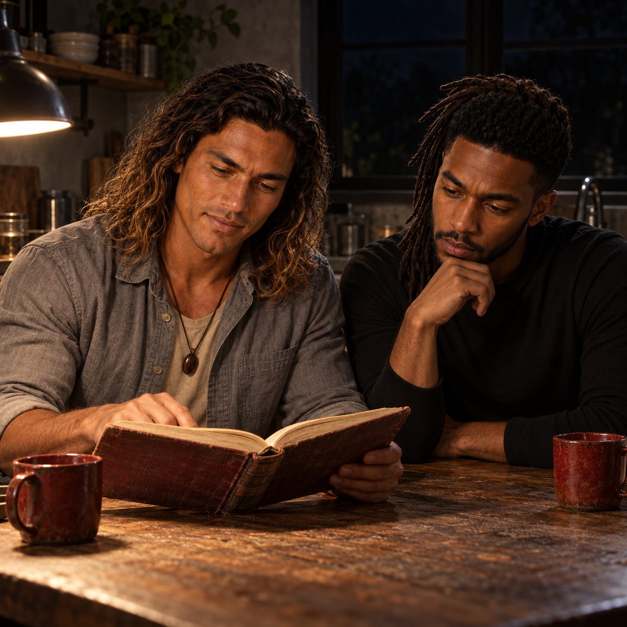Horn and William sit together at a kitchen table late at night, reading a borrowed book of ordinances held low in Horn’s hands. Hard side light catches their faces and the worn pages; two oxidized-red mugs rest nearby.