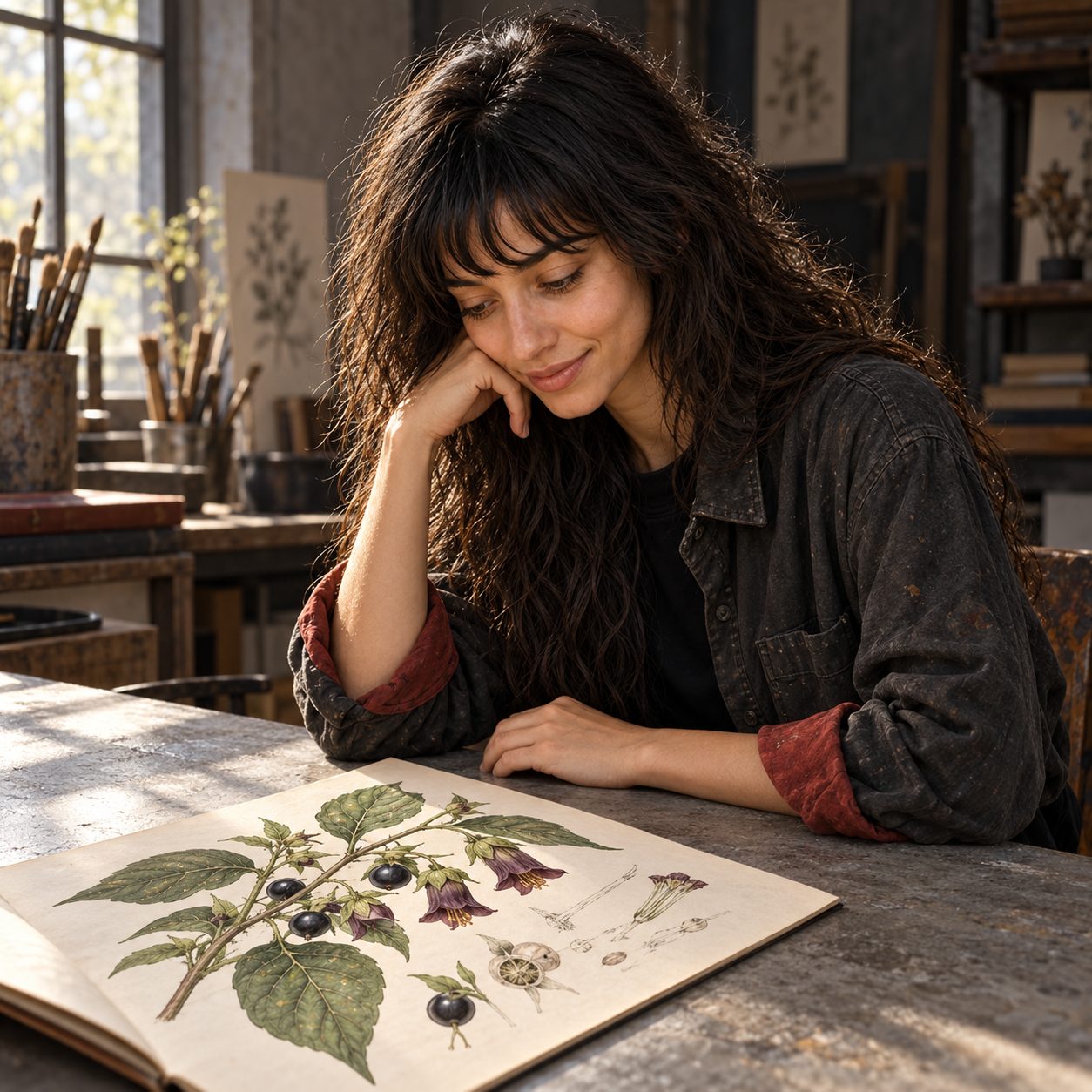 Skinjo studies an open botanical plate of deadly nightshade at a grey studio table in hard morning side light. Dark berries and purple bell-shaped flowers appear only in the illustration; Skinjo's hands rest beside the page.