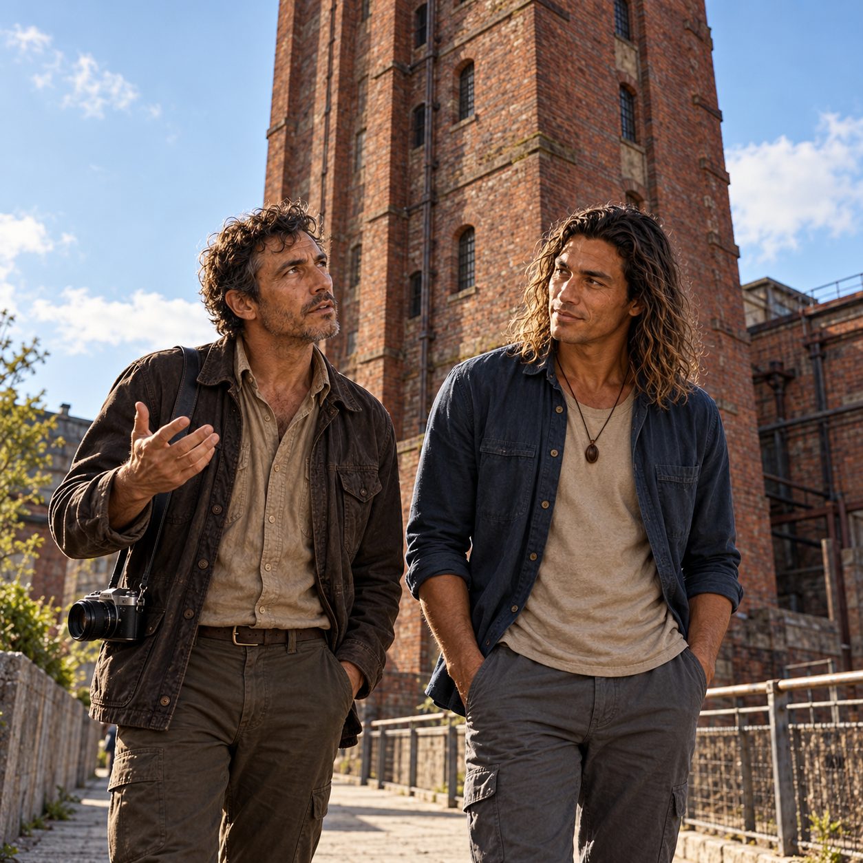 Jack and Horn pause on a morning walk beside a preserved red-brick shot tower. Jack looks up with one hand raised while Horn turns toward him, listening; hard side light picks out the tower's windows and weathered brick.