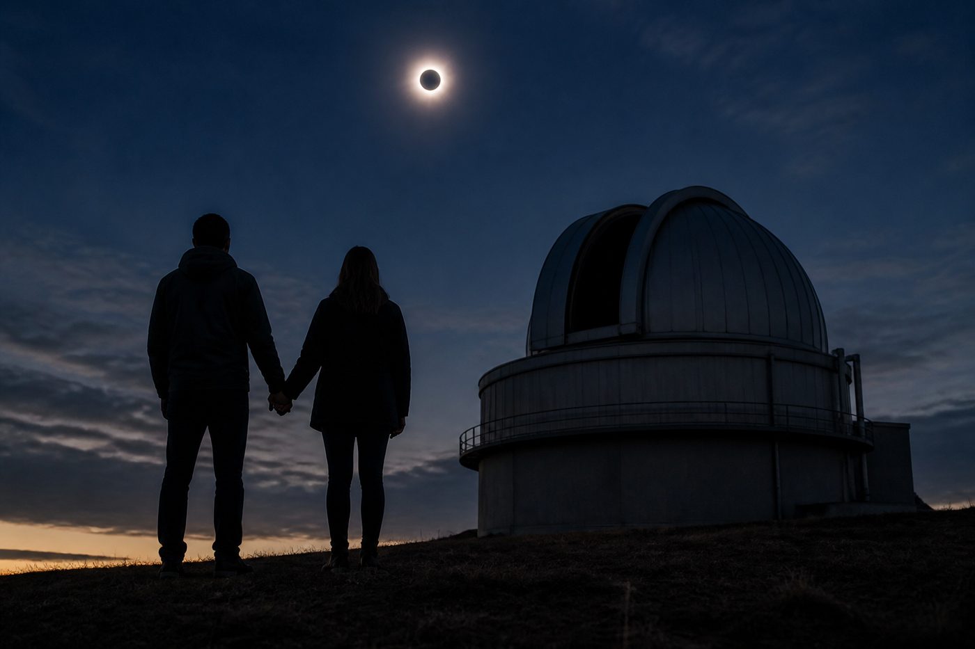 Two people holding hands beside an observatory beneath the darkened sky of a total eclipse.