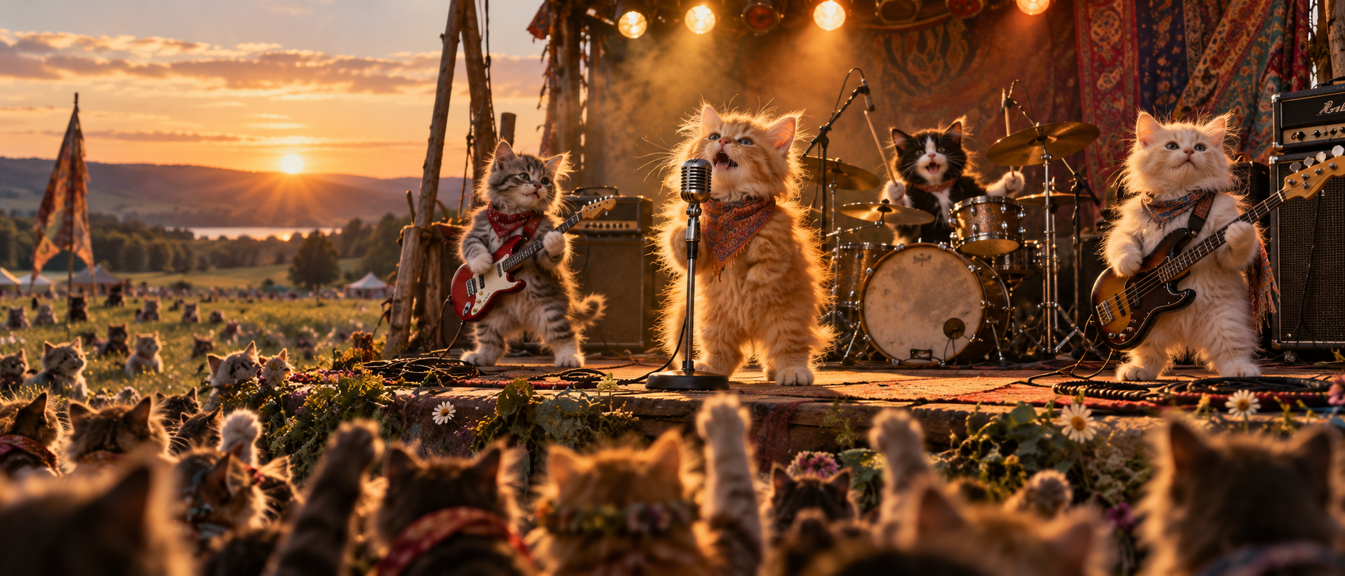 A photorealistic band of four fluffy kittens singing, playing guitar, drums and bass on a golden-hour outdoor stage, with a meadow full of kitten fans.